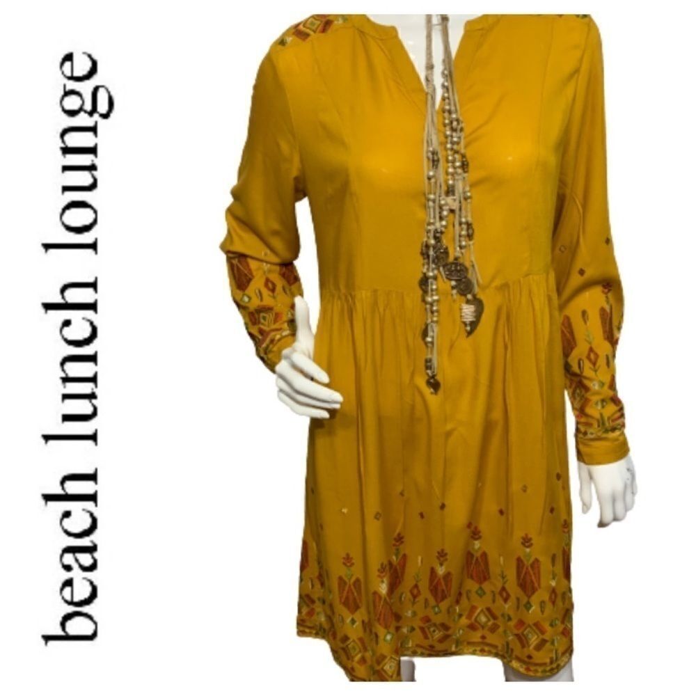 Beach Lunch Lounge Mustard Yellow Aztec Finely Embroidered Boho Dress - S - Picture 2 of 16
